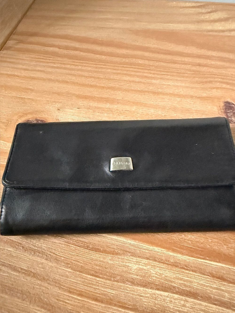 Perlina Leather Wallet Black Clutch Organizer Snap Flap Zip Pocket. Y2K NWOT